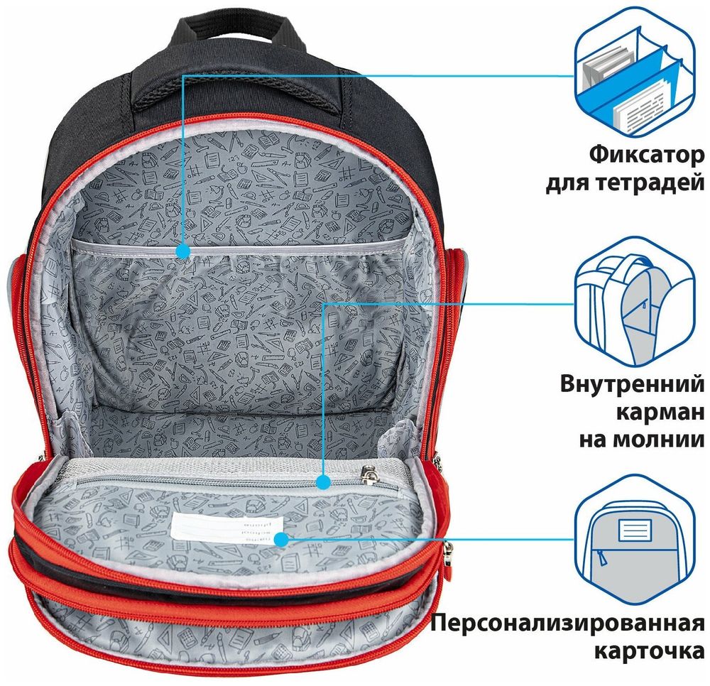 Рюкзак BRAUBERG CLASSIC, легкий каркас, премиум материал, "Motorbike", черный, 270583