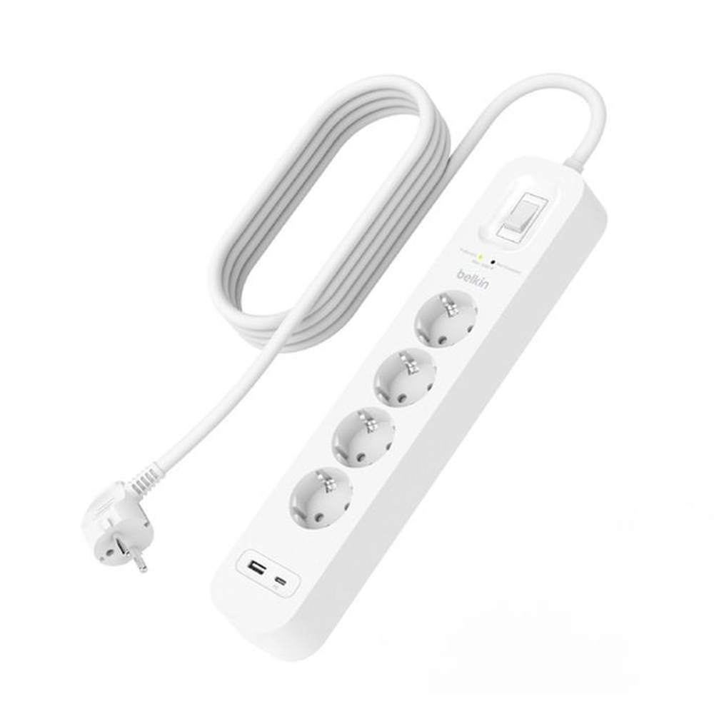 Сетевой фильтр Belkin Connect (2 м) (SRB001) 4 розетки | Порты: USB-C, USB-A; поддержка PD