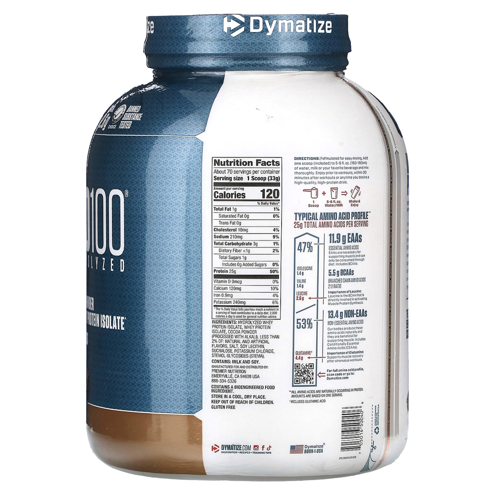 Dymatize, ISO100®, гидролизованный, 100% изолят сывороточного протеина, со вкусом брауни с помадкой, 2,3 кг (5 фунтов)