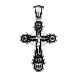 Нательный крестик серебряный лучистый двусторонний с кругом в центре.