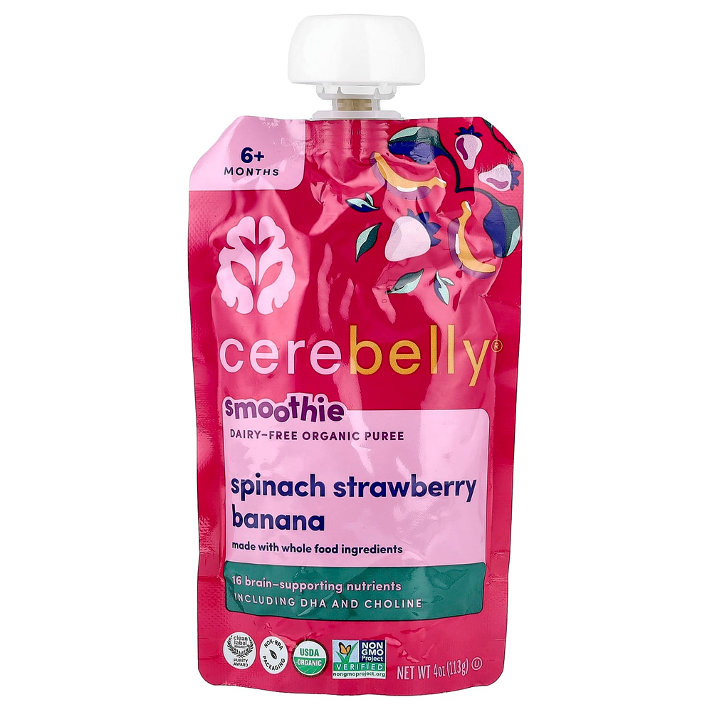Cerebelly, смузи, органическое пюре без молочных продуктов, для детей от 6 месяцев, шпинат, клубника и банан, 6 паучей по 113 г (4 унции)