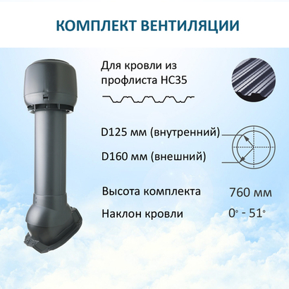 Колпак D160, вент. выход утепленный высотой Н-700, для кровельного профнастила 35мм, серый