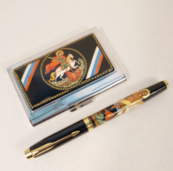 Набор "Георгий Победоносец"  визитница персональная, ручка перьевая с росписью Палех