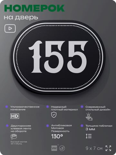 Номерок на дверь квартиры 155, для кабинета, офиса, шильдик 9 х 7 см, черный, Айдентика Технолоджи