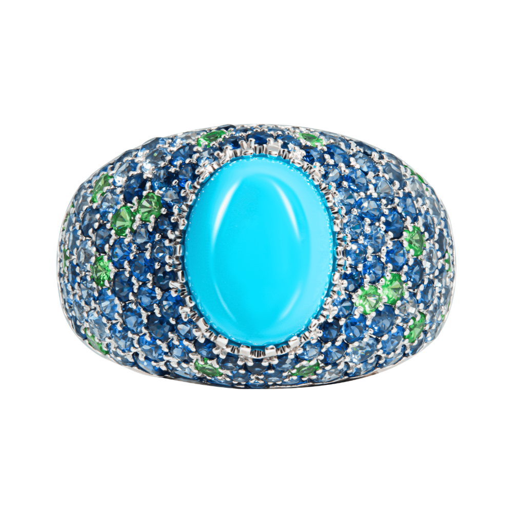 Кольцо с Бирюзой, Сапфирами и Цаворитами, R0072-0/60