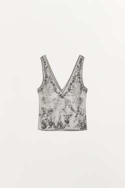 ZARA ТОП С ВЫШИВКОЙ И БРЕТЕЛЯМИ, СВЕТЛО-СЕРЫЙ