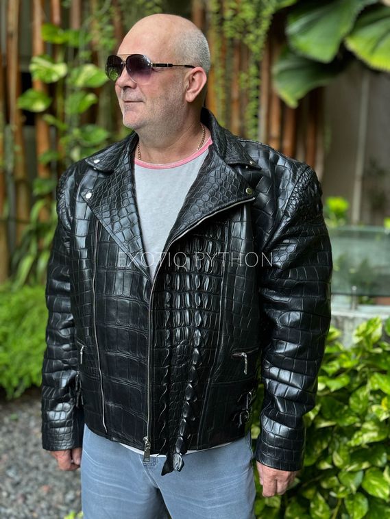 Мужская куртка из кожи крокодила черного цвета, косуха , мото куртка - JT-124