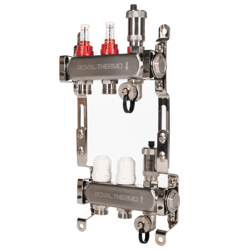 Коллектор Royal Thermo нерж. в сборе с расходомерами 1quot; ВР-3/4quot; НР с автомат. воздухоотвод-ми 2 вых.