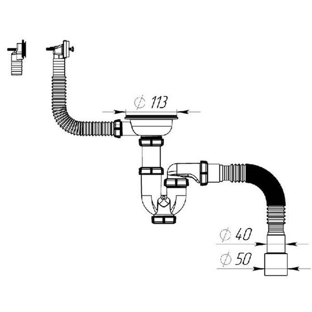 Сифон для мойки Aquant, 3 1/2&quot;х40 мм, прямоуг/кругл перелив, с гофрой, прямоточный, чёрный