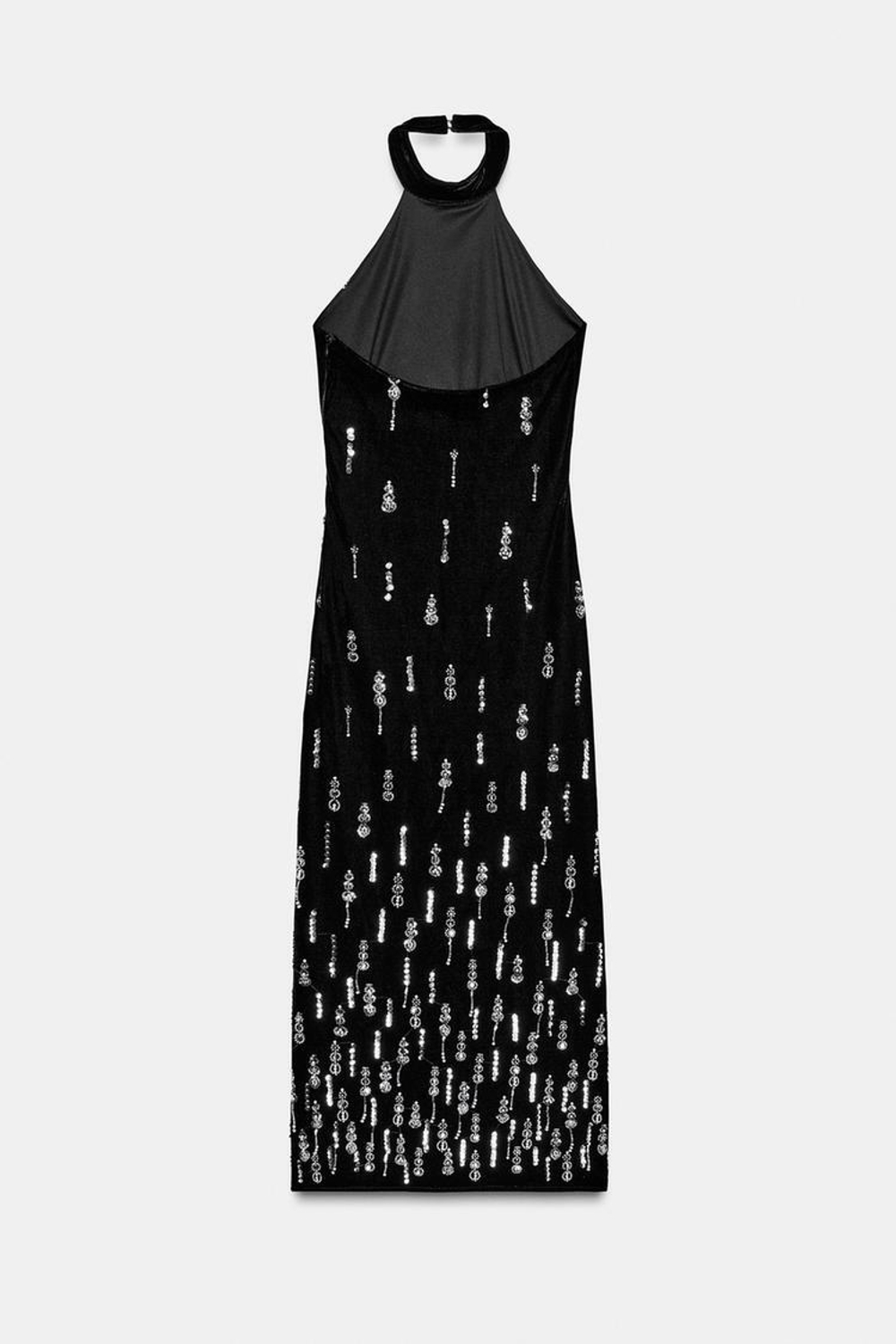 ZARA БАРХАТНОЕ ПЛАТЬЕ МИДИ С БУСИНАМИ, ЧЕРНЫЙ