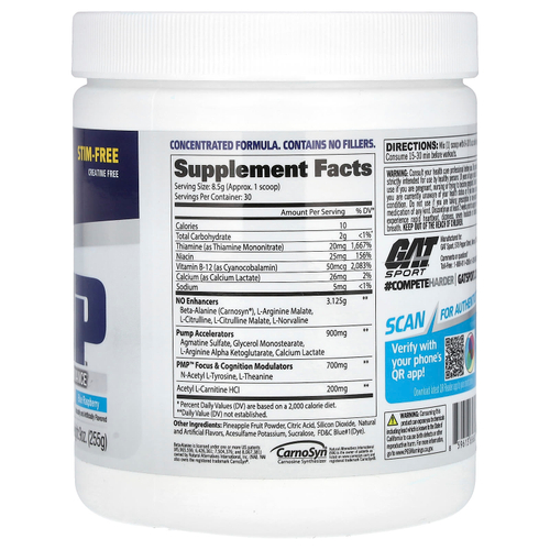 GAT, PMP без стимуляторов, для максимальной производительности мышц, голубая малина, 255 г (9 унций)