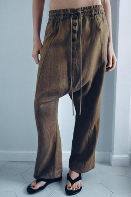 ZARA БРЮКИ BAGGY ИЗ СМЕСОВОГО ЛЬНА, КОРИЧНЕВЫЙ