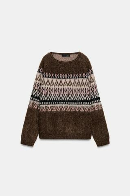 ZARA ЖАККАРДОВЫЙ СВИТЕР ИЗ ТРИКОТАЖА С ЭФФЕКТОМ ВОРСА, ТЕМНЫЙ СЕРО-КОРИЧНЕВЫЙ