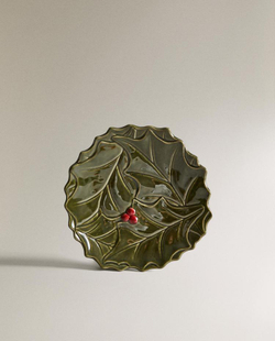 ZARA HOME НОВОГОДНЯЯ ТАРЕЛКА ДЛЯ ХЛЕБА ИЗ ФАРФОРА С УЗОРОМ «ПАДУБ», ЗЕЛЕНЫЙ