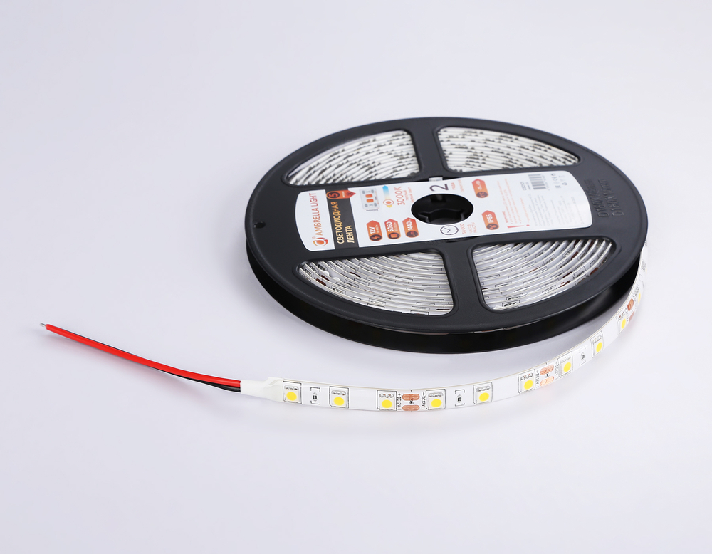 Светодиодная лента GS2101 5050 60Led/ 14.4W m/ 12V IP65 3000K/ 5000*10*2.87mm/ кратность резки 50mm (2 конт.)