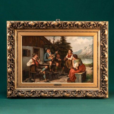 Винтаж: Антикварная картина «Музыкальная сцена на альпийском озере»