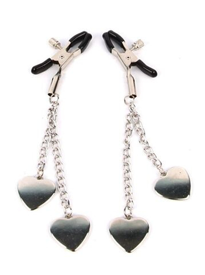 Серебристо-черные зажимы на соски с декором в виде сердечек (Цвет: серебристый с черным)