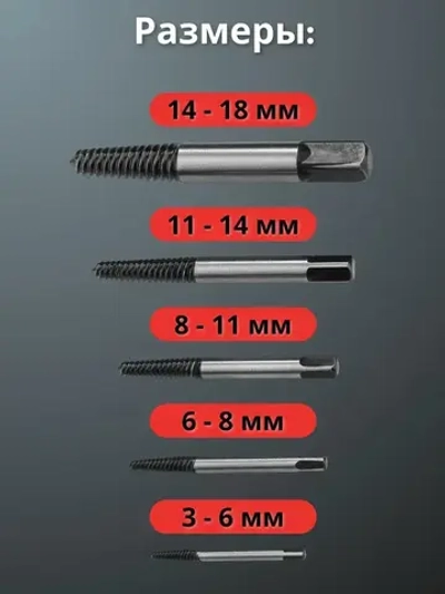 Экстрактор для болтов, в пластиковом кейсе 5 штук