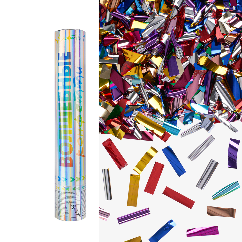 Пневмохлопушка (12/30 см), Волшебное конфетти, Прямоугольники фольга, Ассорти, Металлик, 1 шт.