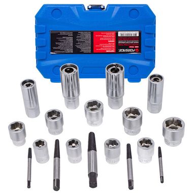 Набор для откручивания заломанных болтов, гаек и шпилек 18пр.(головки-экстракторы 10-17,19мм,экстракторы М3-М18,шпильковерты 6,8,10,12мм),в кейсе Forsage F-918U2