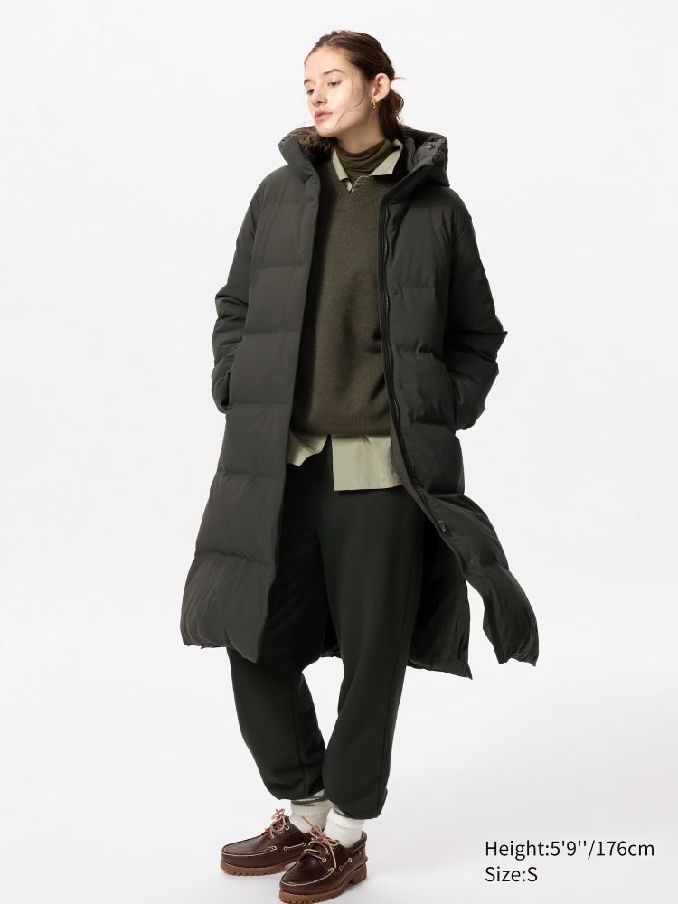 UNIQLO ДЛИННЫЙ ПУХОВИК, ТЕМНО-ЗЕЛЕНЫЙ