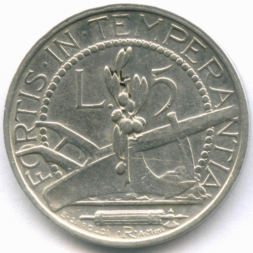 5 лир 1937 год. Сан-Марино. Серебро VF