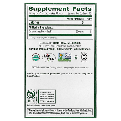 Traditional Medicinals, листья органической малины, без кофеина, 16 чайных пакетиков, 24 г (0,85 унции)