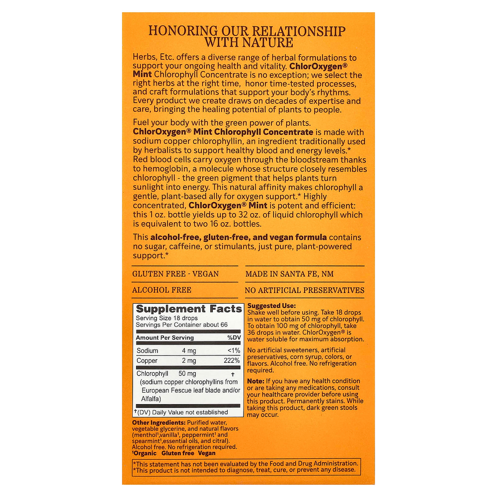 Herbs Etc., ChlorOxygen®, концентрат хлорофилла, без спирта, мята, 30 мл (1 жидк. Унция)