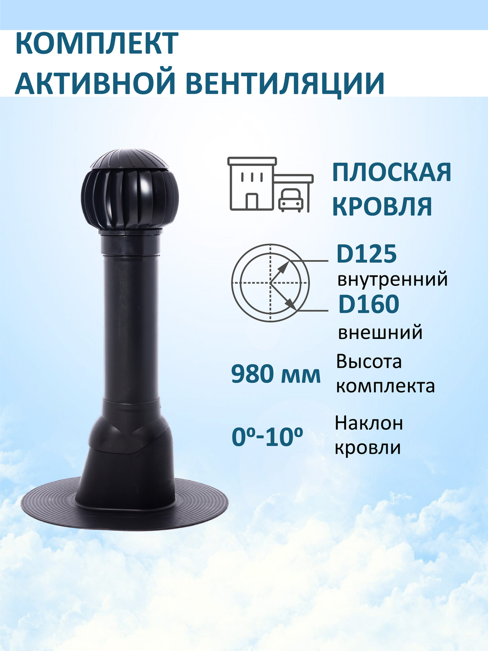 Комплект активной вентиляции: Вентиляционный выход изолированный D125/160 утепленный высота H=700 мм, проходной элемент для плоской кровли ТП-187, ротационная вентиляционная турбина Ø 160 мм серия Twister, серый
