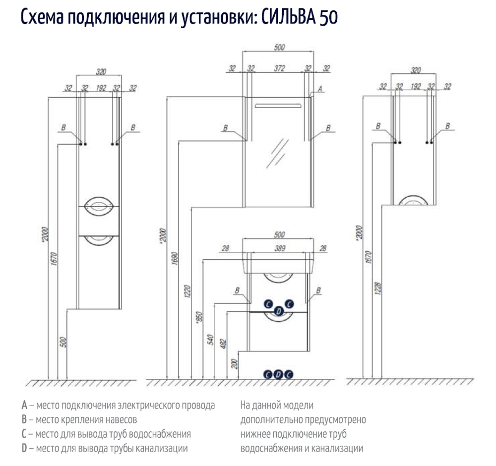 Тумба под раковину Акватон СИЛЬВА 50 белый схема