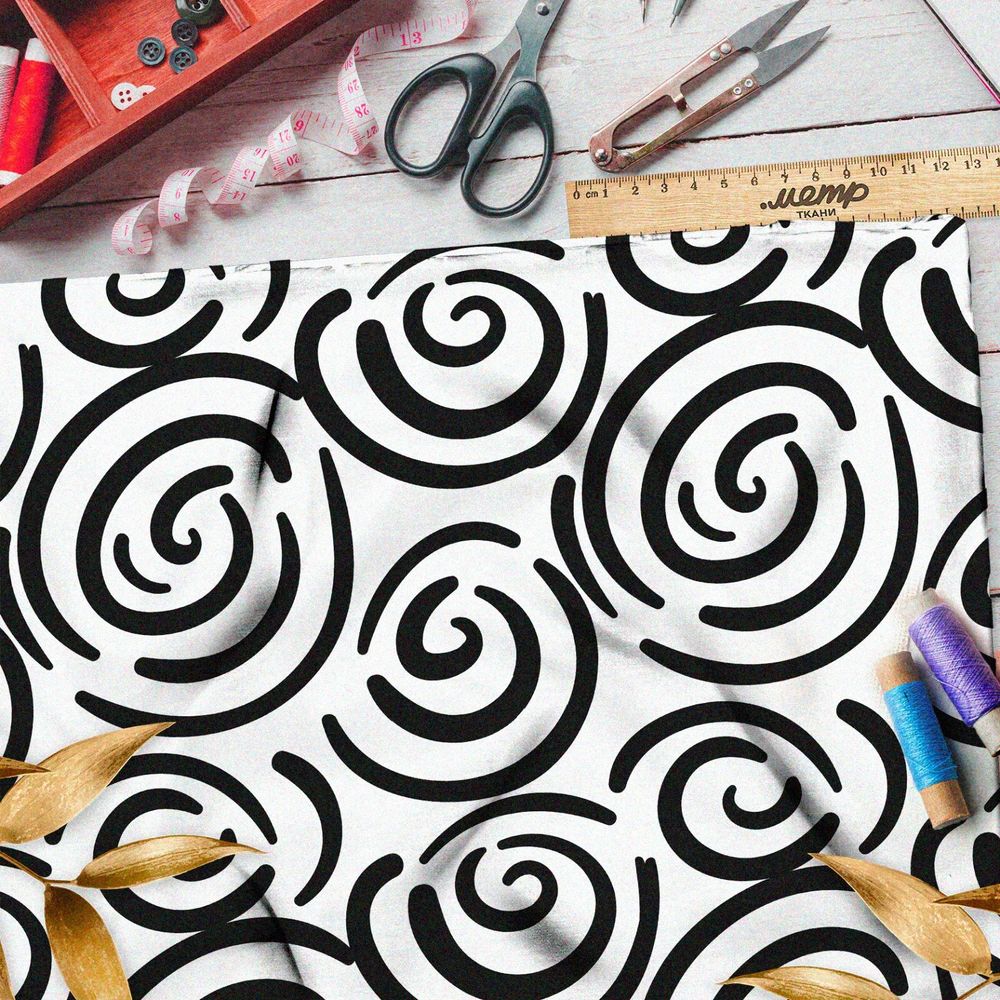 Ткань барби чёрные круговые узоры на бежевом фоне