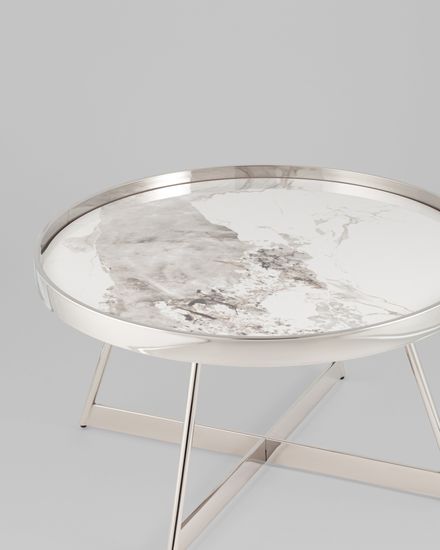 Журнальный столик Гера 80*80см белая керамика сталь серебро