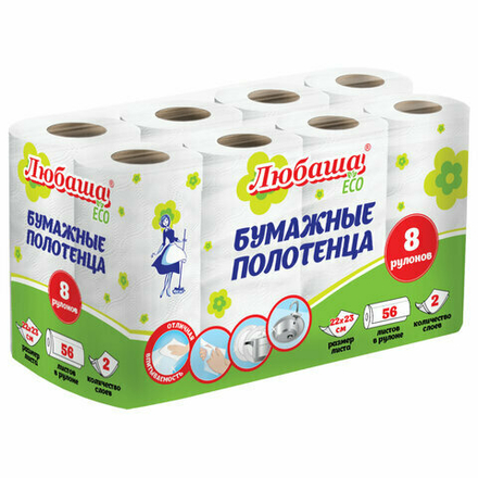 Полотенца бумажные 2-х слойные, спайка 8 рулонов (8х13 м), ЛЮБАША ECO, 114743