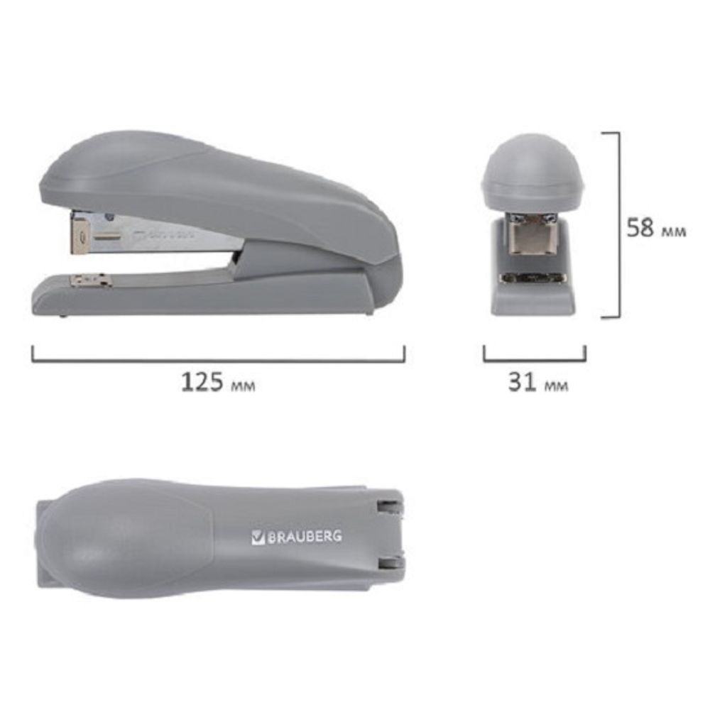 Степлер №24, Brauberg Universal, до 30л, пластиковый корпус, серый