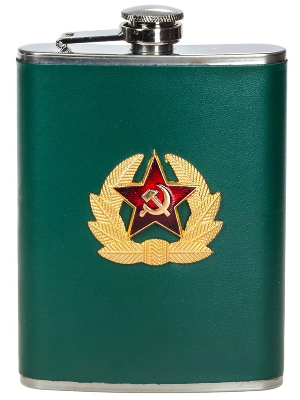 Нержавеющая фляжка с кокардой СА (обтянутая кожей зеленого цвета, металлическая накладка)