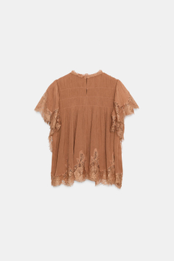 ZARA КРУЖЕВНОЙ ТОП С ВОЛАНАМИ — ZW COLLECTION, ЧЕРЕПИЧНЫЙ