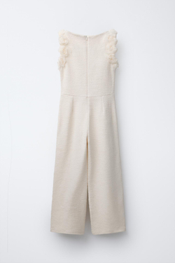 ZARA ДЛИННЫЙ КОМБИНЕЗОН С КОНТРАСТНЫМИ ДЕТАЛЯМИ, ЭКРЮ