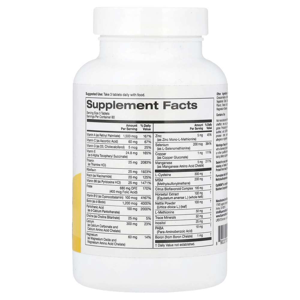 Super Nutrition, мультивитамины с L-цистеином, МСМ, витамином A и биотином, 180 таблеток
