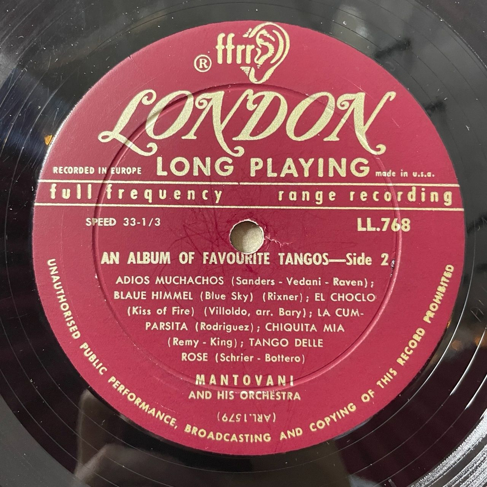 Винтажная виниловая пластинка LP Mantovani And His Orchestra Plays Tangos Танго (USA 1953)
