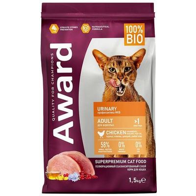 Сухой корм AWARD Urinary для кошек с курицей с добавлением клюквы, цикория и рыбьего жира, Пакет 1,5 кг