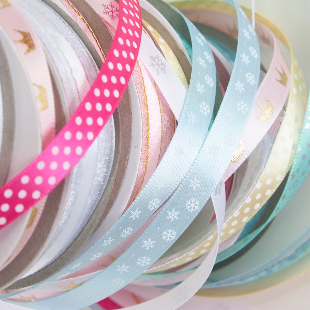 Лента декоративная (1 см*22,85 м) Белые снежинки, Небесно-голубой, 1 шт.