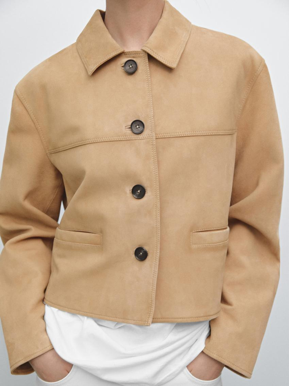 Massimo Dutti Короткая куртка из замши с декоративной строчкой, песочный