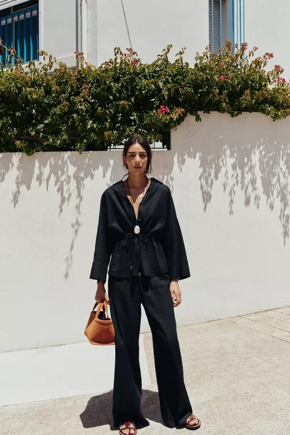 ZARA РУБАШКА САФАРИ ИЗ ЛЬНА, ЧЕРНЫЙ