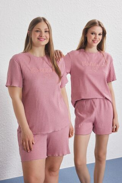 Розовый сухой камзол с велосипедным воротником, вязаный пижамный комплект TBBSS25AI00118