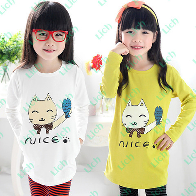 Туника детская однотонная с контрастными принтами кошки с рыбой