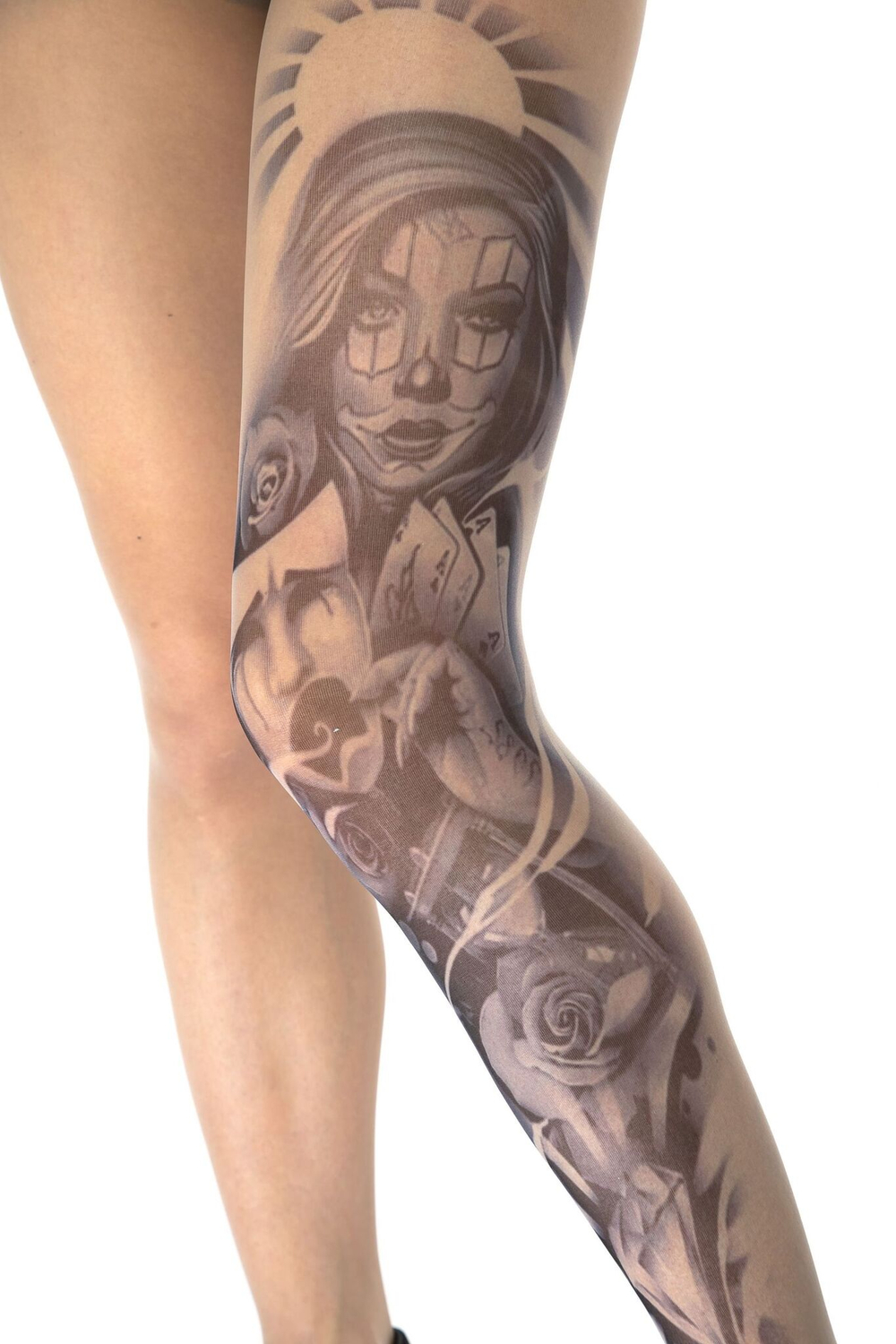 Стильные колготки с эффектом тату на левой ножке (Размер: S-M-L) (Цвет: бежевый)