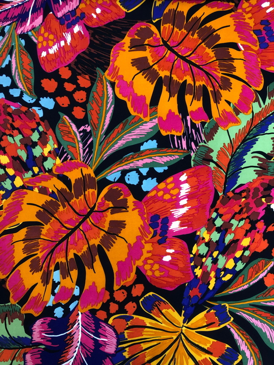 Плательная принт, цветы крупные оранж/фиолет/розов на черном Валентино BST3499