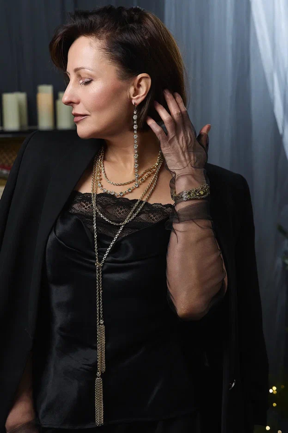 Серьги "Богема" длинные "дорожки"  с цирконами, оттенок золото