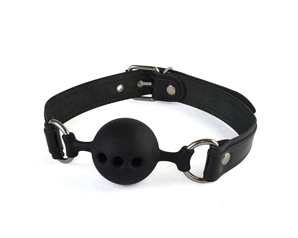 3390-1 / Силиконовый кляп-шар с ремешками из натуральной кожи черного цвета