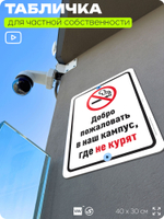 Табличка для частной территории "Добро пожаловать в кампус, где не курят", на дом, для участка, для подъезда, организаций и частных территорий, 40х30 см, Silver Plane x Айдентика Технолоджи